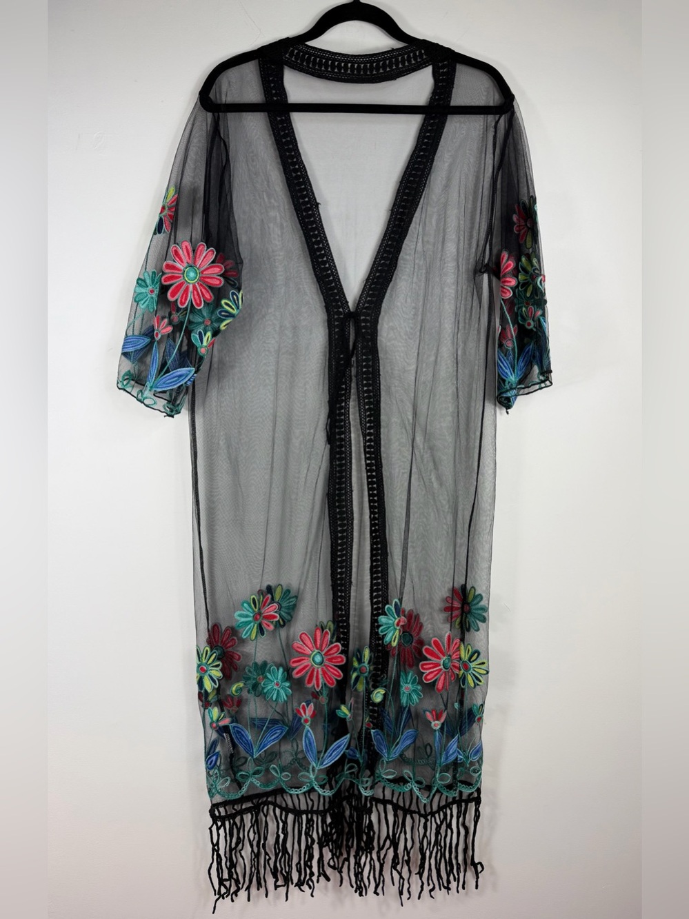 Boho Black Sheer Mesh Embroidered Floral Fringe Kimono Cover Up Duster OS - Picture 8 of 10